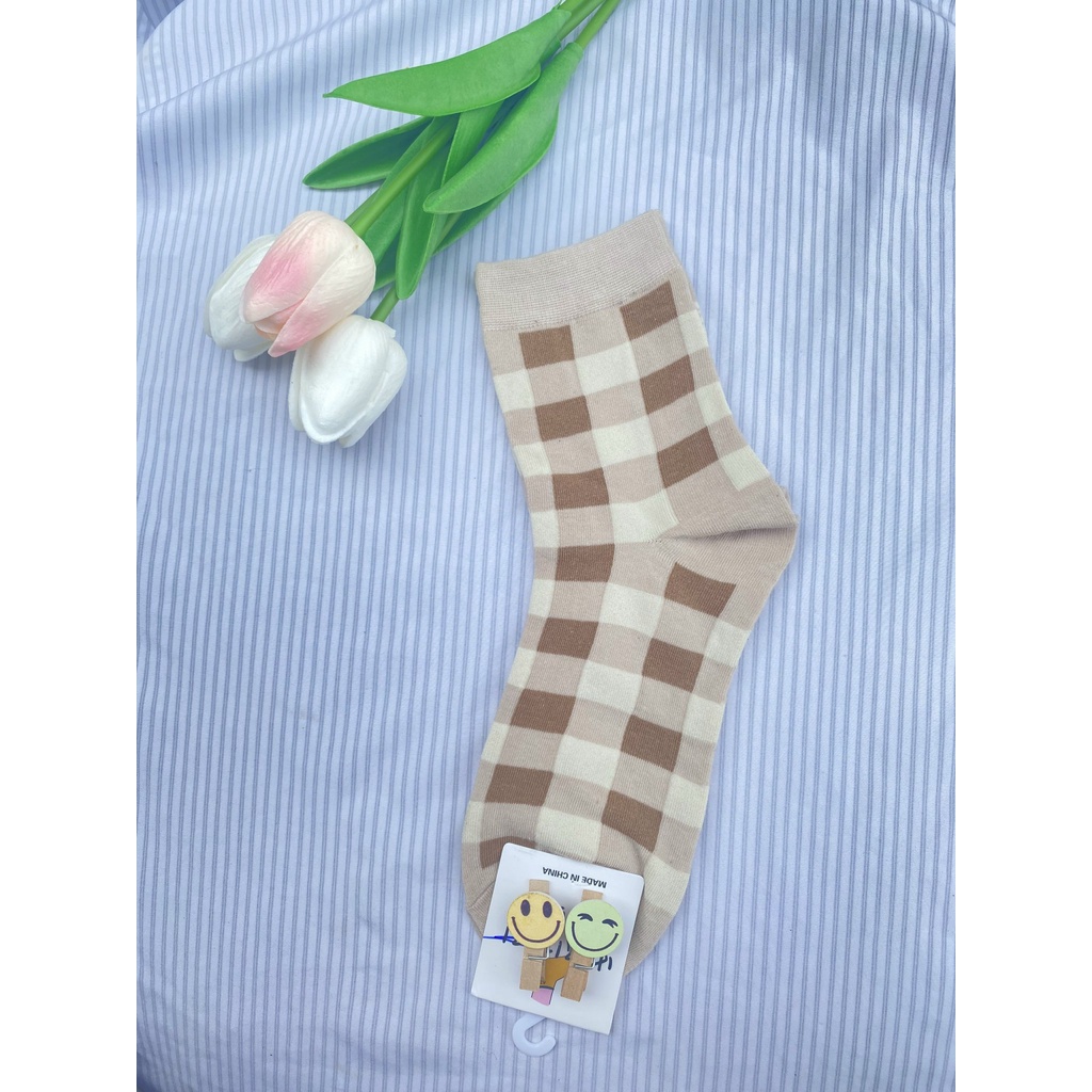 Tất gấu Muzini tất cổ cao tone nâu nhiều hình phong cách Hàn Quốc cute TN214