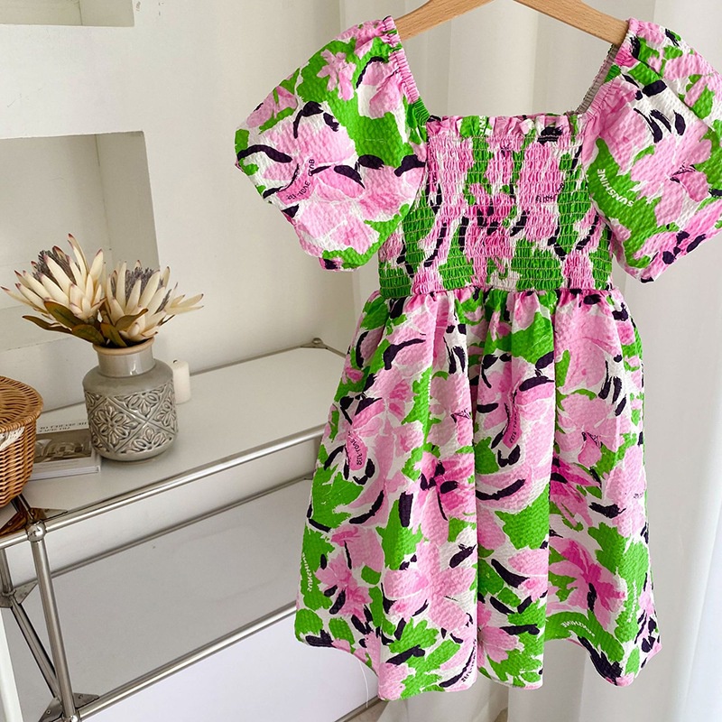 Đầm Bé Gái Đầm Tay Ngắn Cổ Vuông In Hoa Thời Trang Mùa Hè Dành Cho Bé Gái Se7en