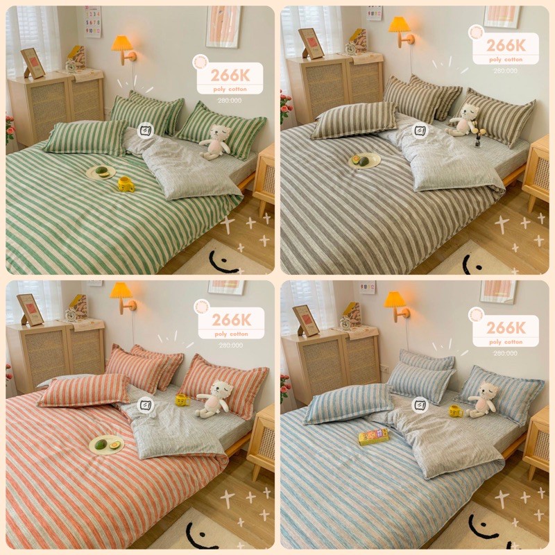 Set chăn ga gối poly cotton: 4 màu kẻ sọc