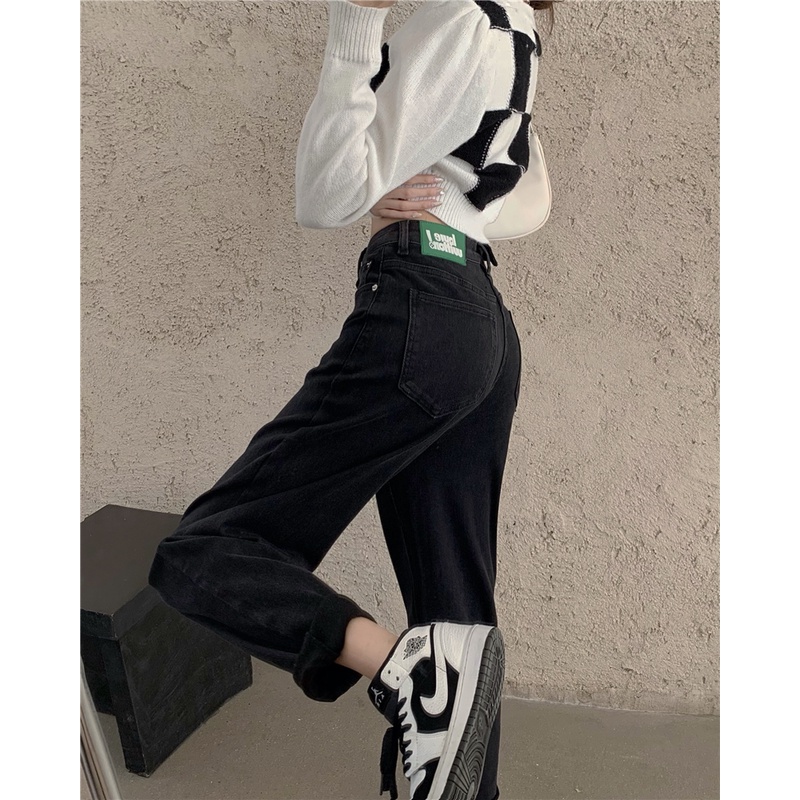 DUNEA Quần Denim Lưng Cao Ống Suông Cá Tính Thời Trang Cho Nữ