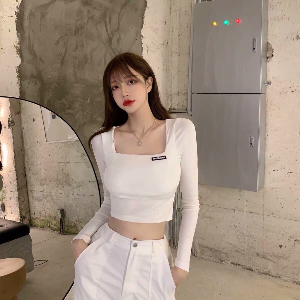 Áo Kiểu Hot Girl Ôm Body Cổ Vuông Tay Dài In Chữ Sành Điệu Chất Vải Borip Dày Mịn Style Hàn Quốc Xinh Xắn TTSA1381