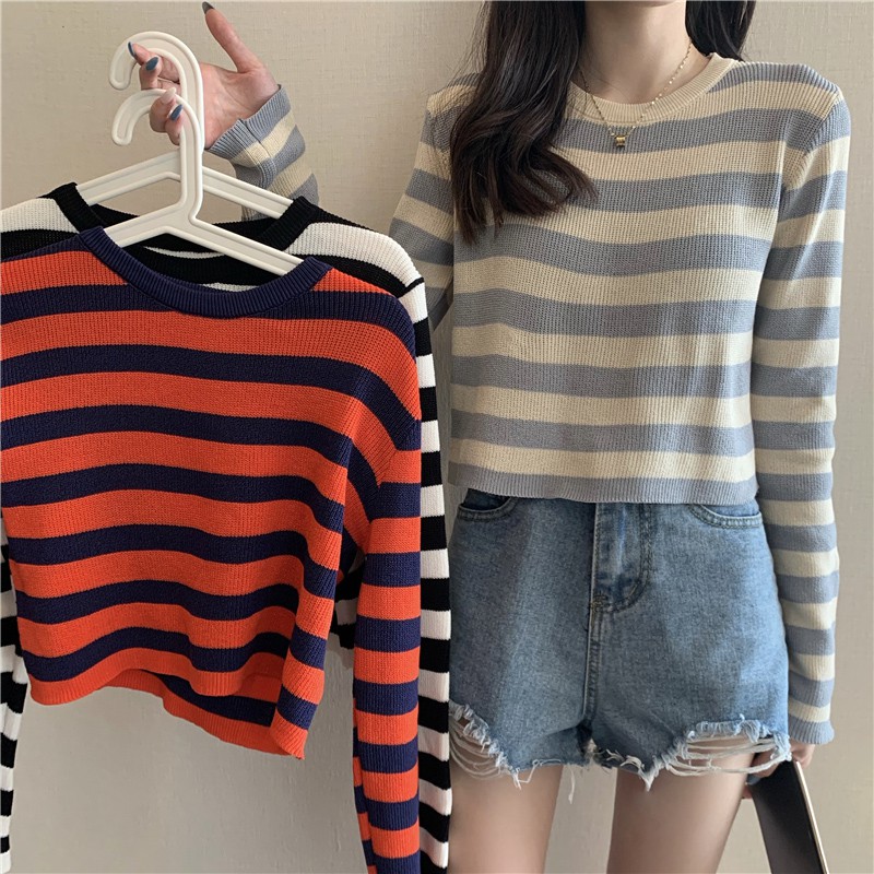 Áo len nữ mỏng croptop màu kẻ ngang tay dài cổ tròn chất đẹp hàng quảng châu thời trang thu đông kiểu 2020