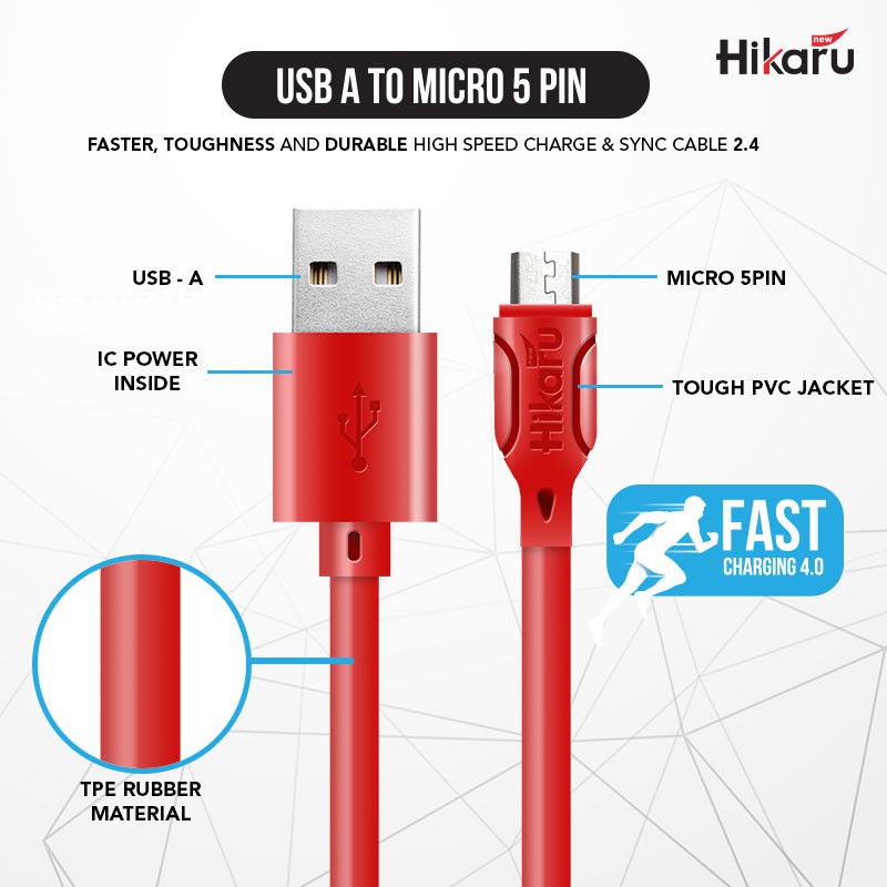 Mới Dây Cáp Sạc Nhanh Siêu Bền Hikaru 2.4a Usb Micro 5pin 1 M