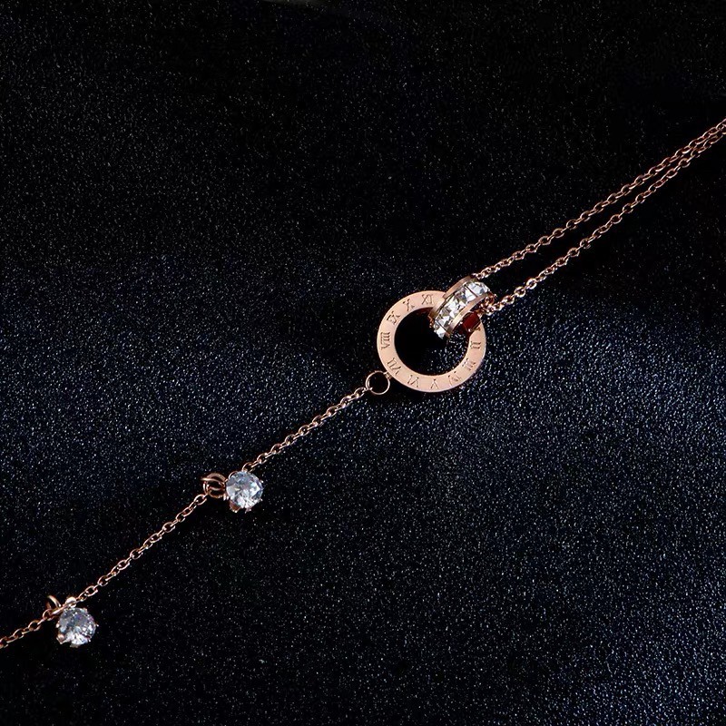 Vòng tay/ lắc chân hai lớp bằng thép titan mạ vàng hồng 18K đính đá zircon phong cách Nhật Hàn đơn giản điều chỉnh được