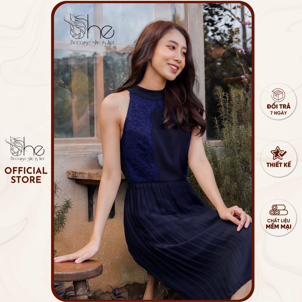 Đầm nữ cổ yếm ren thiết kế She, váy nữ xếp li sát nách dễ thương SD03