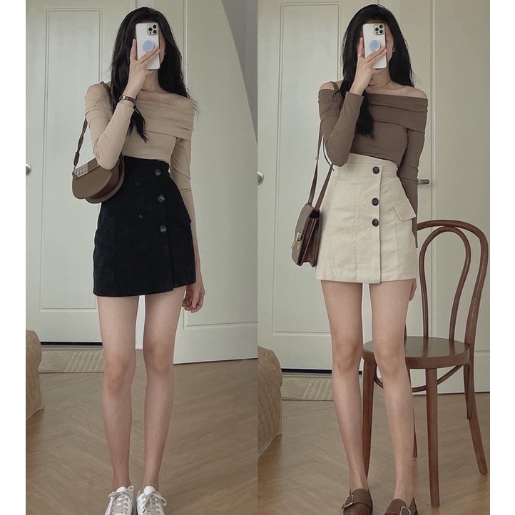 Chân Váy Nhung Cạp Cao 3 cúc siêu xinh cho bạn nữ dễ mix đồ