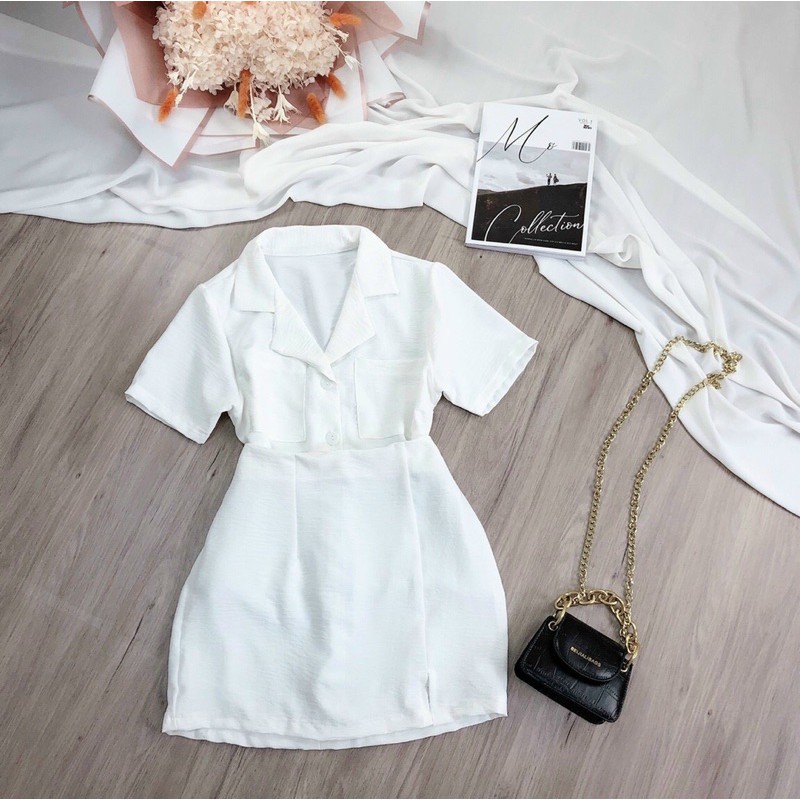 Set áo sơmi cổ vest chân váy đũi siêu xinh có may kèm quần trong chống lộ