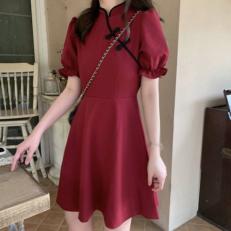 Đầm Sườn Xám Tay Ngắn Màu Sắc Trơn Thời Trang Xinh Xắn Cho Nữ