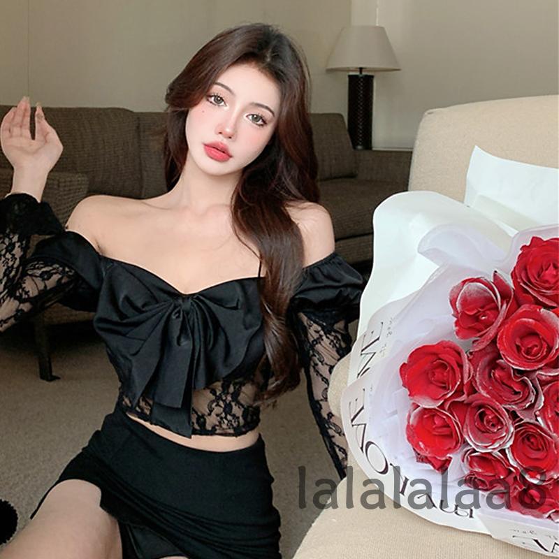 Áo Thun Tay Phồng Dáng Ôm Trễ Vai Phối Ren Nơ Thời Trang Cho Nữ La8-YS