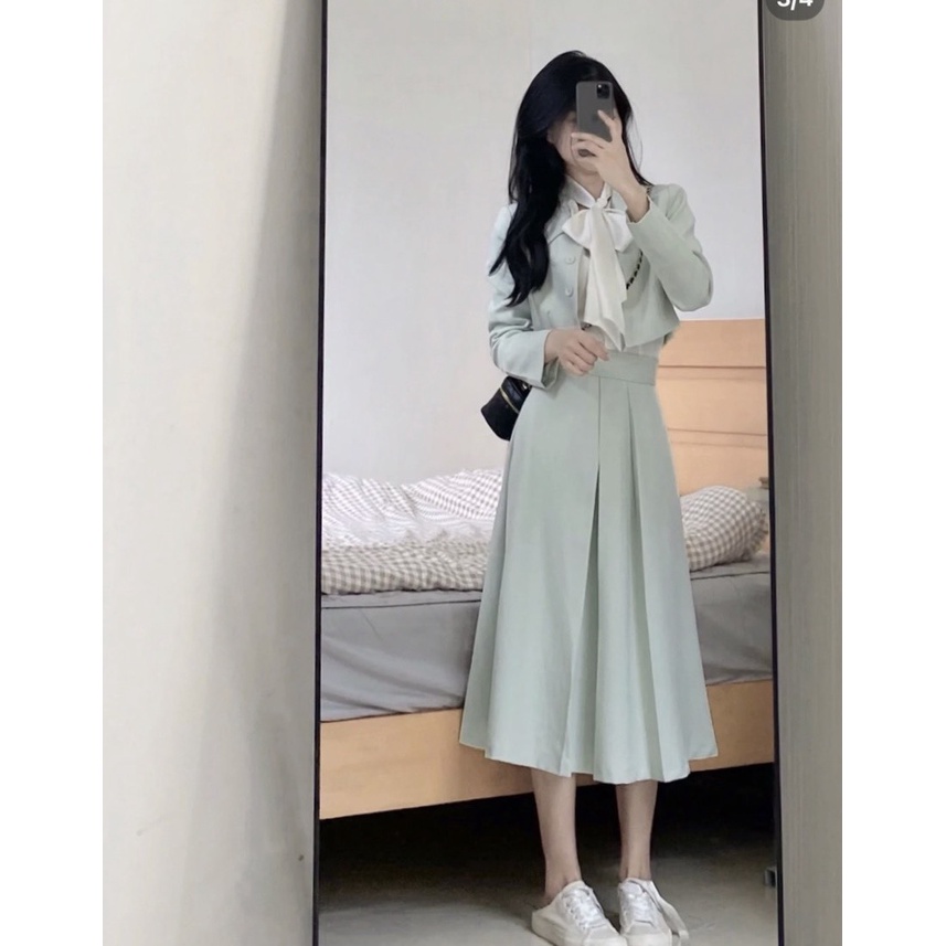 Set đồ nữ thanh lịch 3 món: Áo khoác crop cổ sơ mi+ áo sơ mi trắng nơ cổ+ chân váy midi dáng dài