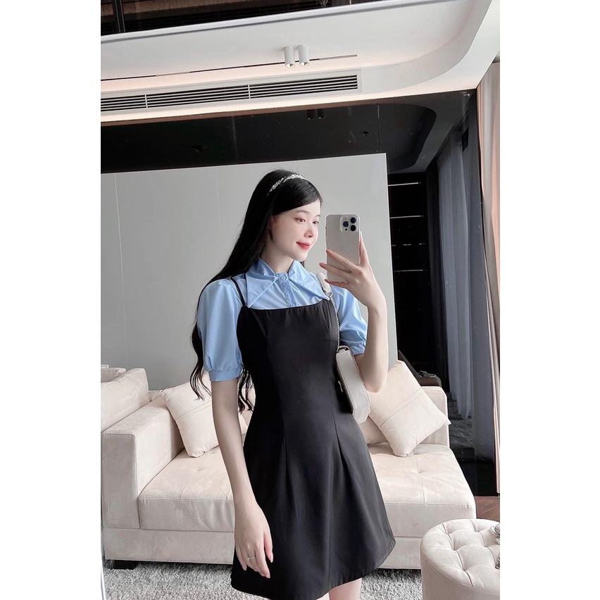 ✨BÁN SỈ✨Set gồm váy đen yếm kèm sơ mi xanh trơn ( set rời)