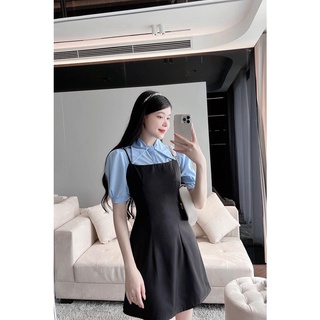 Set gồm váy đen yếm kèm sơ mi xanh trơn