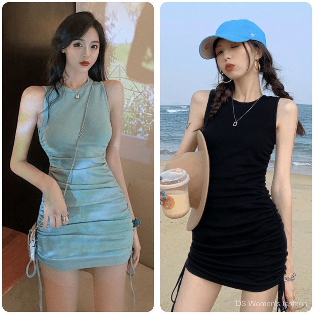 Đầm ôm sát nách dây rút màu sắc đơn giản quyến rũ