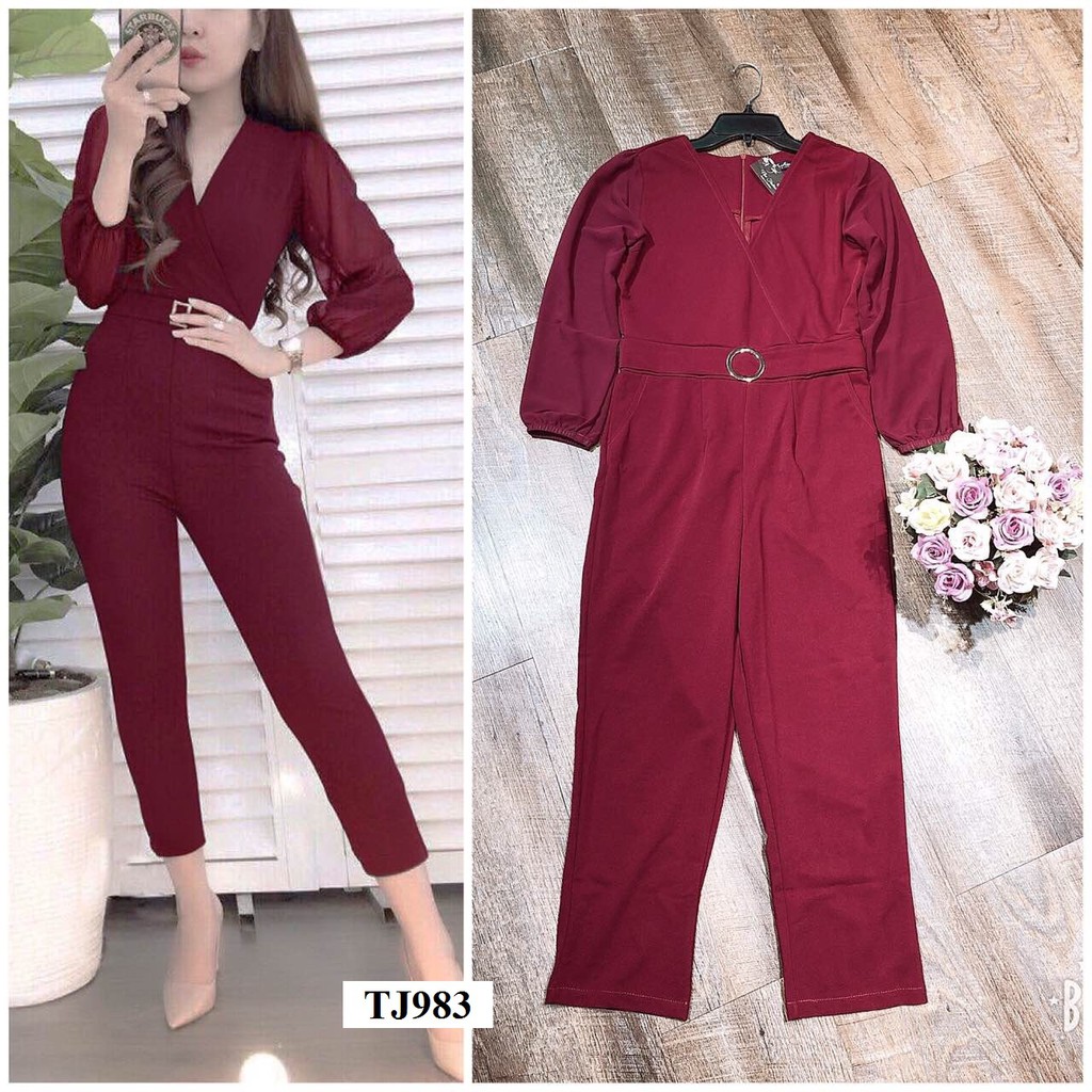 Bộ Jum Đẹp 💝FREESHIP💝 Jumpsuit dài cổ đắp chéo tay phối vải chiffon kèm belt liền J983