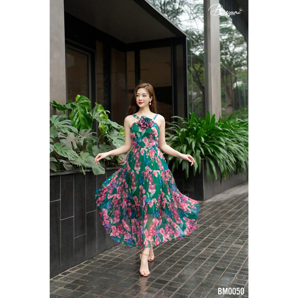 Đầm Xòe Maxi Sakura Dress, Vải Tơ tằm óng ngọc trai cao cấp, màu Xanh lá in họa tiết đẹp sang trọng - BM0050