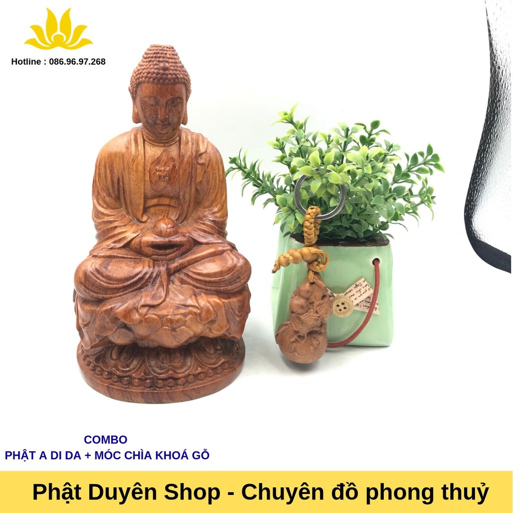 { Phatduyenshop.com}Combo Tượng phật A Di Đà gỗ hương cao cấp - Móc chìa khoá hồ lô bằng gỗ hương