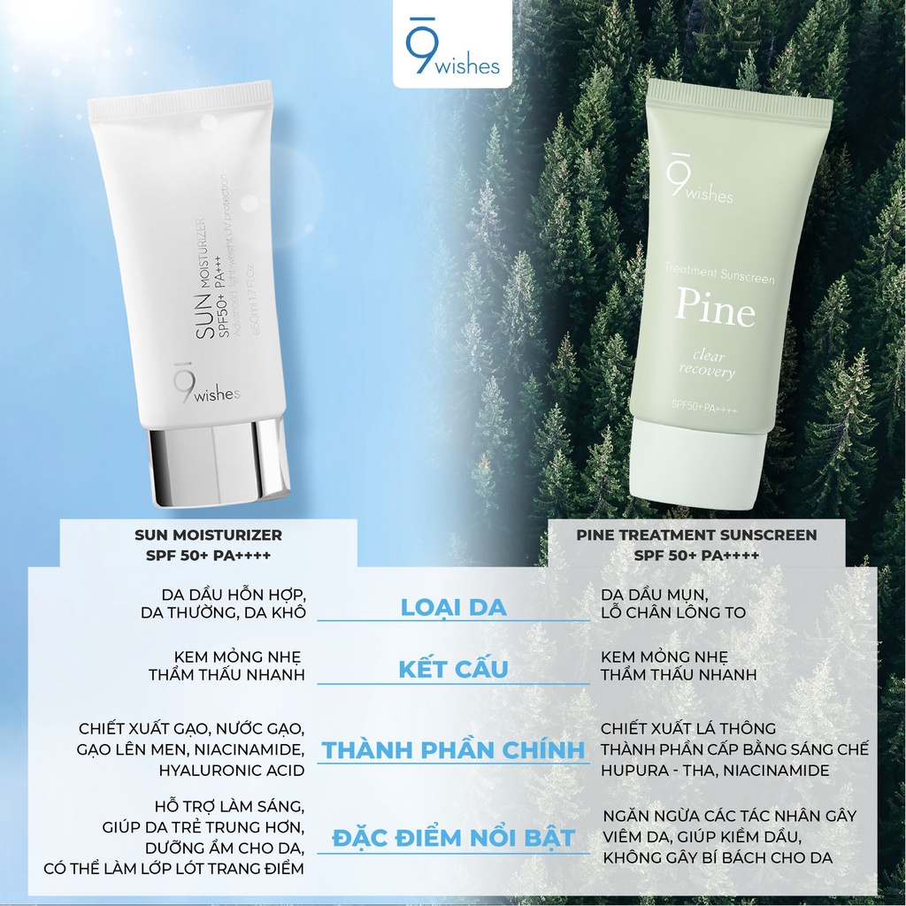 Kem Chống Nắng 9 Wishes Sun Moisturizer 50ml & 9 Wishes Pine Lightweight Sunscreen 50ml