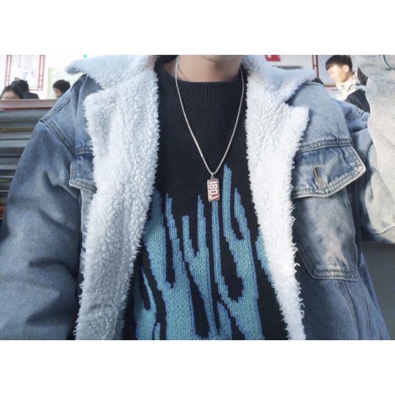 Áo len ngọn lửa xanh phối màu đen + xanh dương dáng raglan chất dệt kim 100% unisex Ulzzang siêu chất 🌈