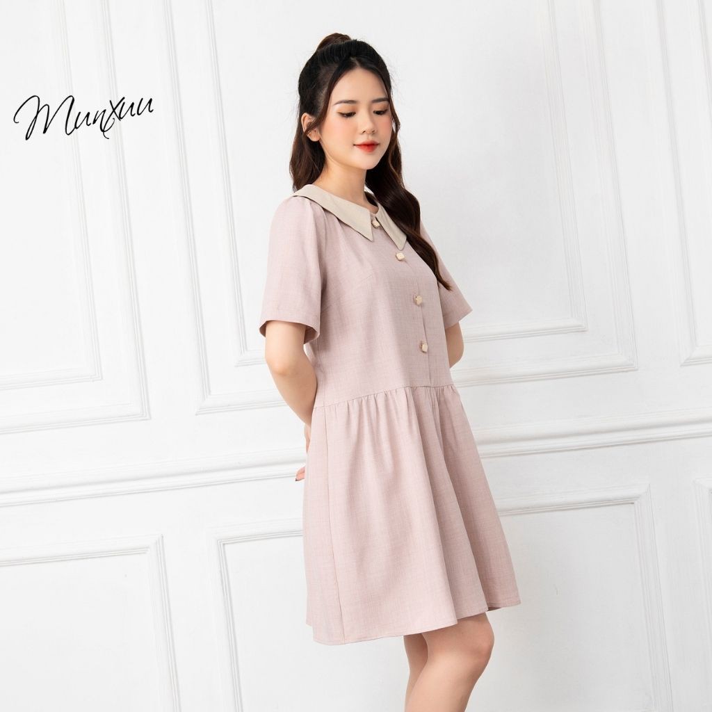 Váy babydoll tay ngắn MUNXUU đính cúc thiết kế màu trơn dáng dài xòe nhẹ nhàng thanh lịch - V05