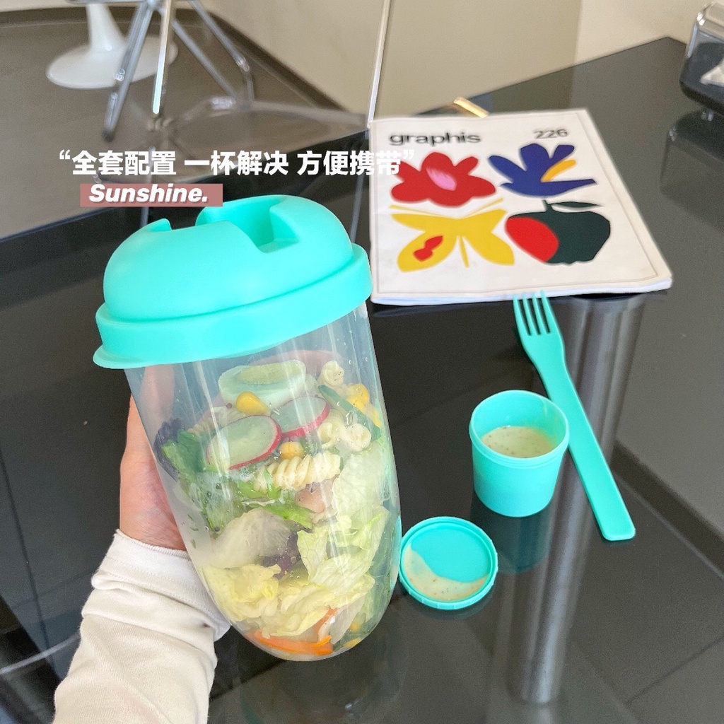 Bình trộn Salad, cốc trộn salad 1000ml chất liệu nhựa an toàn tiện lợi kèm hộp đựng sốt và dĩa