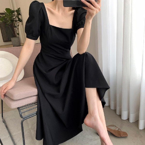 Đầm Đen Cổ Vuông Dáng Chữ A Thời Trang Phong Cách Hàn Quốc Cho Nữ