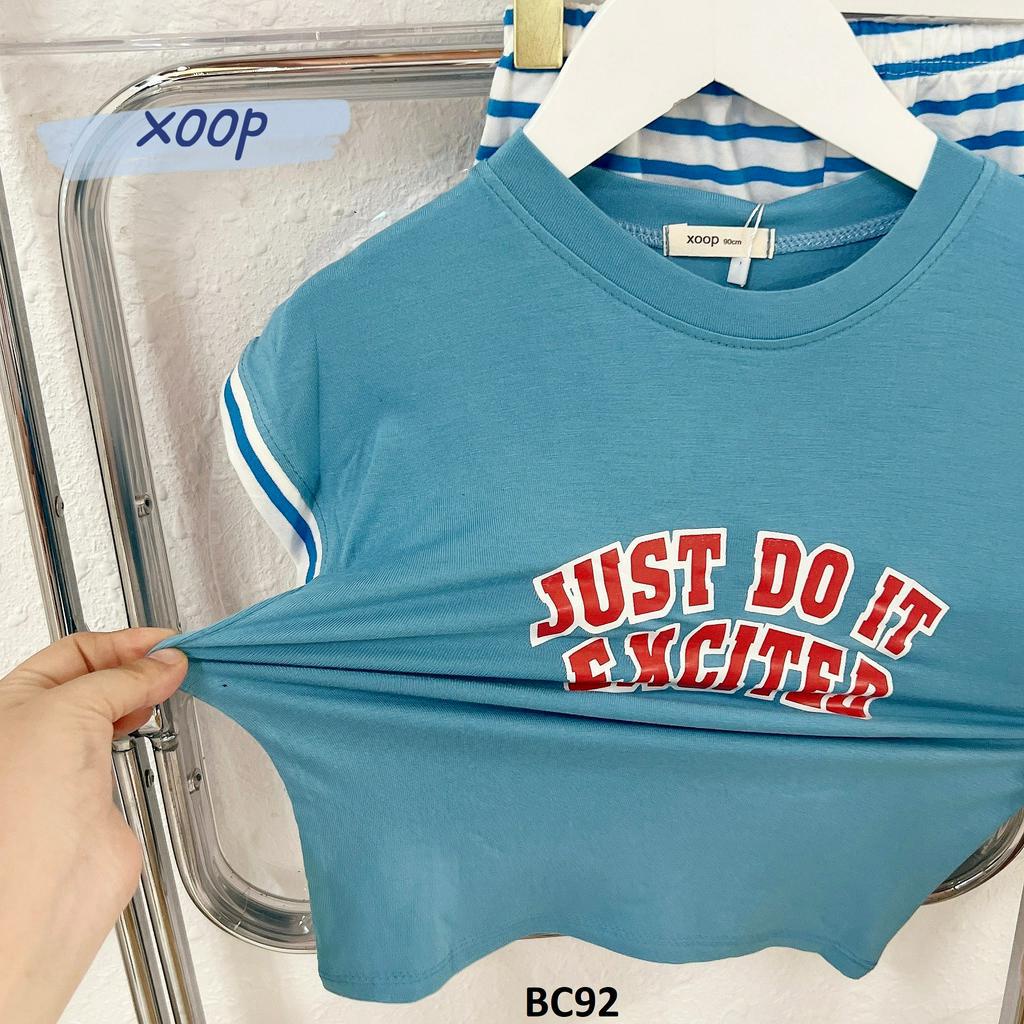 Bộ cộc tay XOOP cotton lụa in chữ just,quần kẻ cho bé trai (12-24kg) BC92,Đồ bộ thời trang quần áo trẻ em Shop Phúc Yến