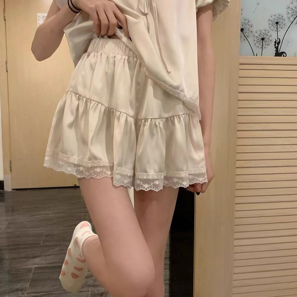 【Chất Lượng Cao】Bộ Đồ Ngủ Pijama Tay Ngắn Bằng Lụa Băng Phối Ren Dành Cho Nữ