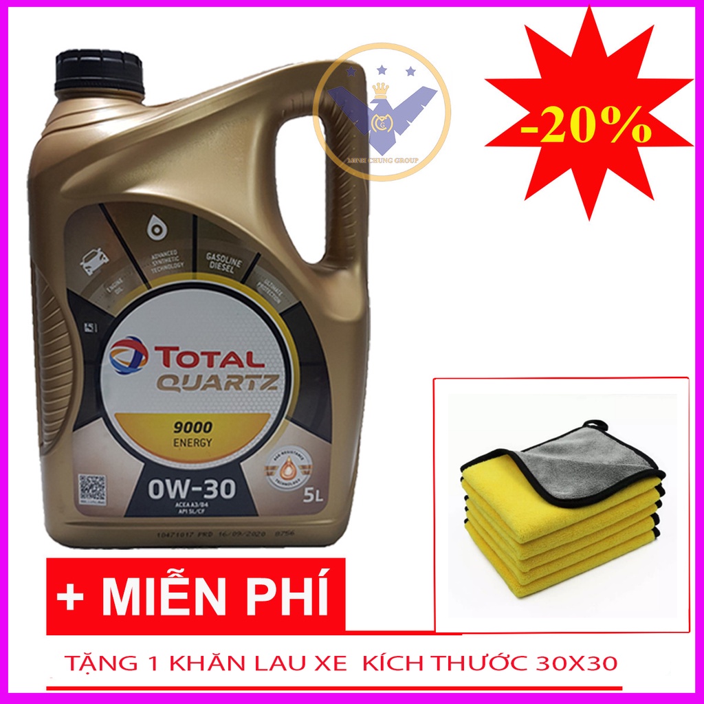 Dầu nhớt ô tô cao cấp tổng hợp Total Quartz 9000 0W-30 can 5L - tặng khăn lau xe ô tô 30*30cm