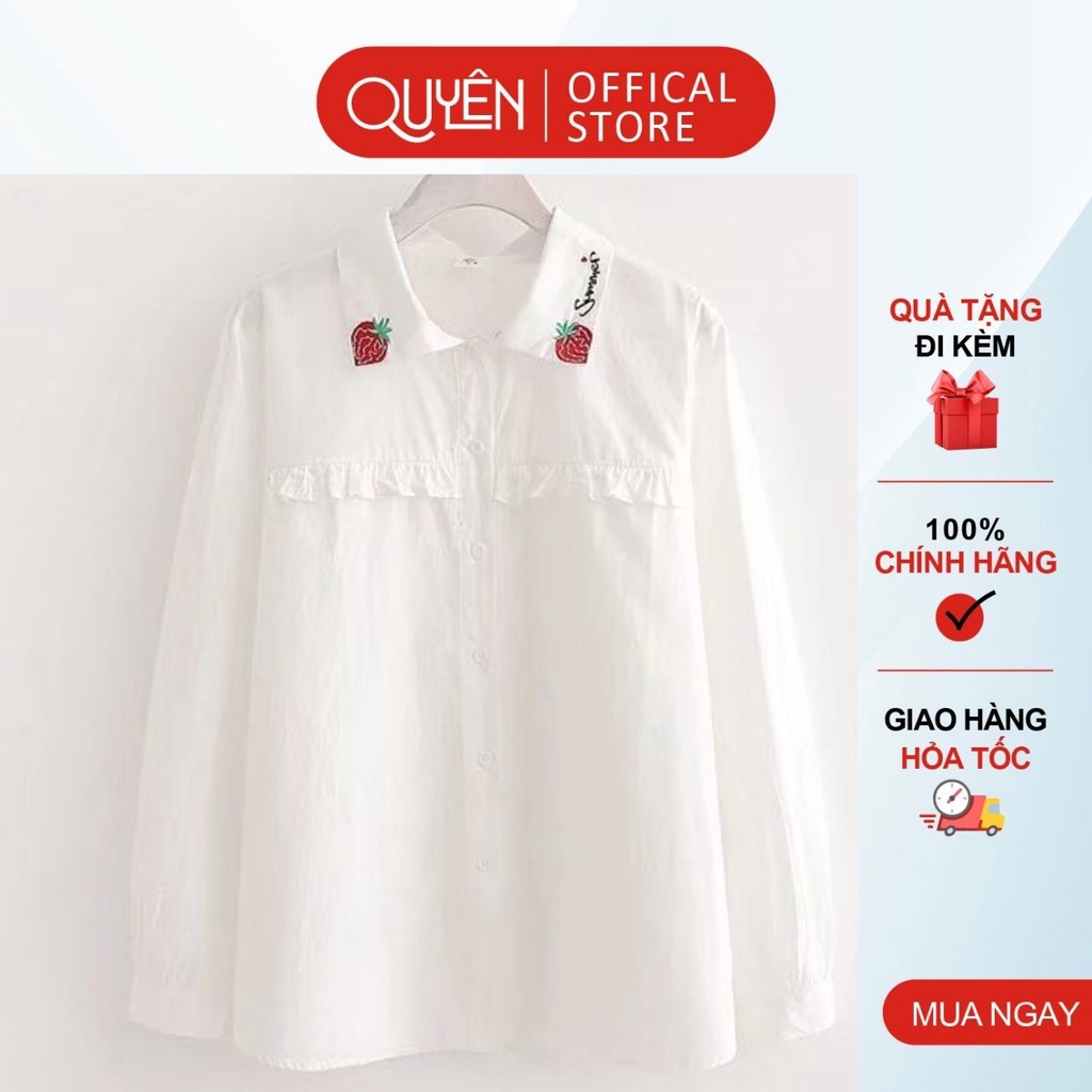 Áo sơ mi thêu họa tiết dâu tây ngọt ngào màu trắng công sở Quyên Fashion AA548 basic trẻ trung