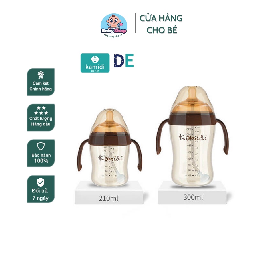 Bình Sữa nhựa KAMIDI Cao Cấp Cho Bé, Núm sữa Silicon Mềm Mại thiết kế mô phỏng Đầu Ti Mẹ 210ML và 300ML