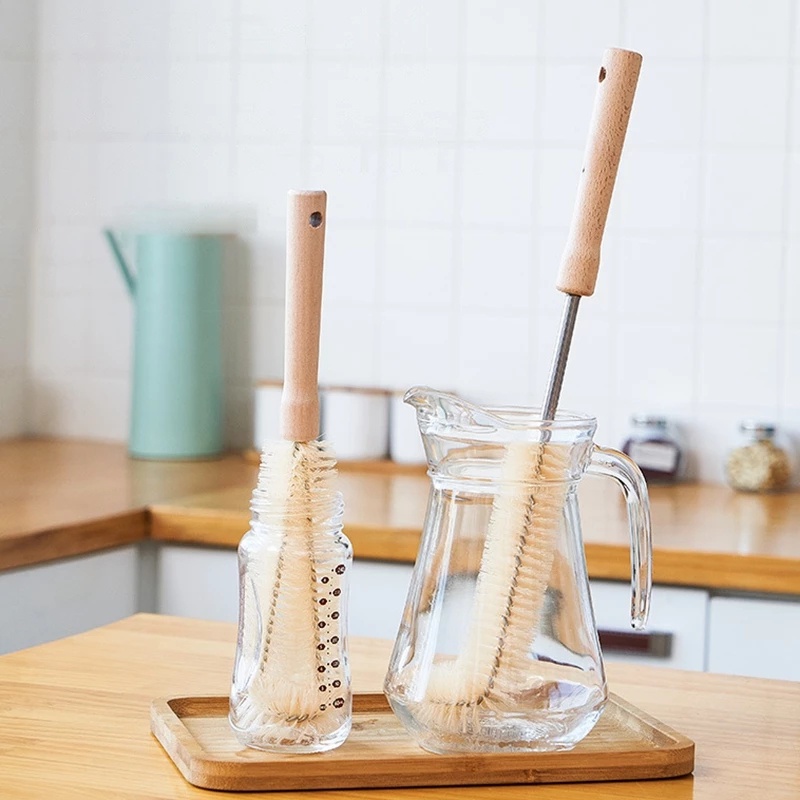 Bàn chải vệ sinh bình sữa em bé cán gỗ tiện dụng