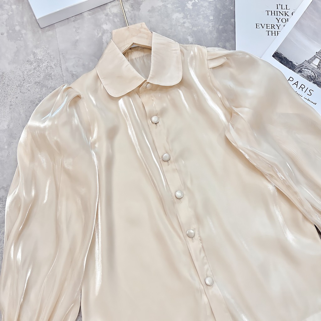 [Mã FAMARAL1 giảm 10K đơn 50K] ÁO SƠ MI MÀU BE CỔ SEN TAY BỒNG