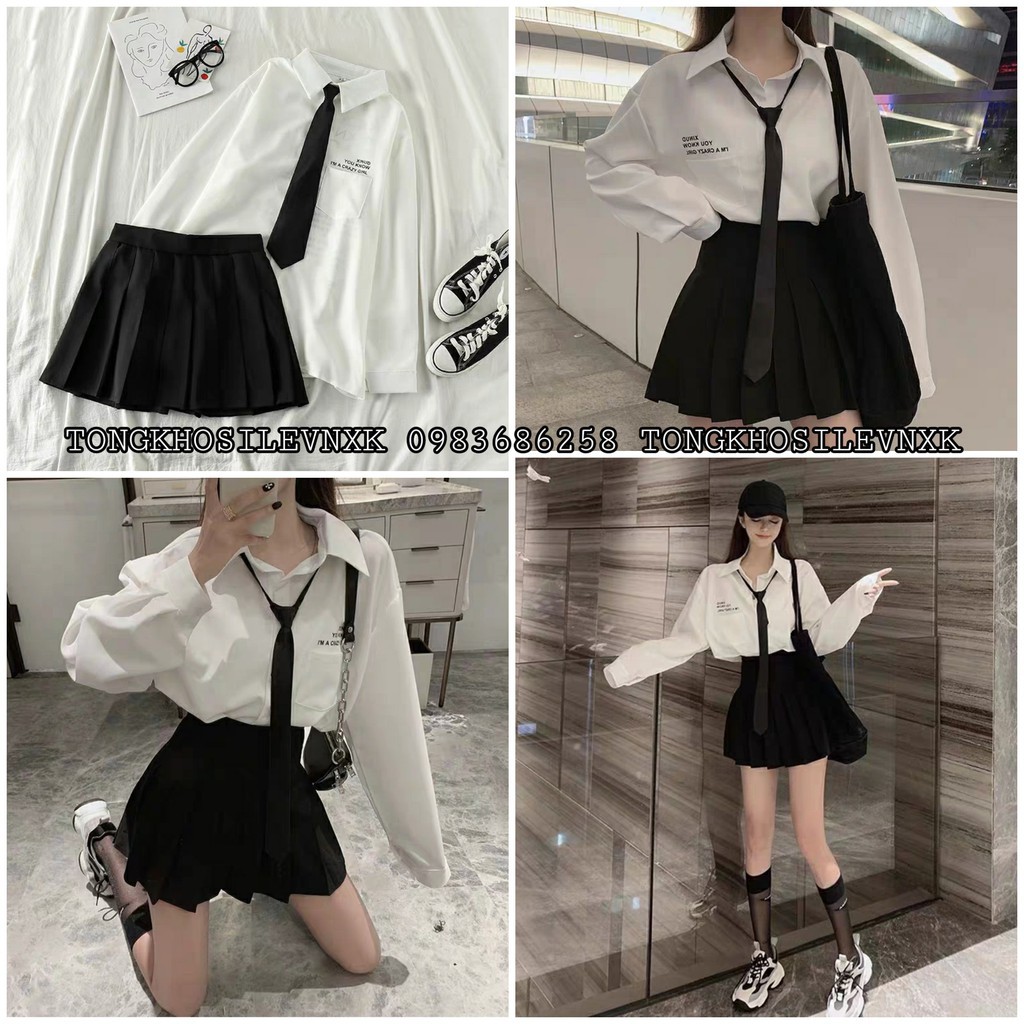 Set Áo sơ mi Cavat kèm Chân váy xếp ly khóa kéo hot - hàng mới