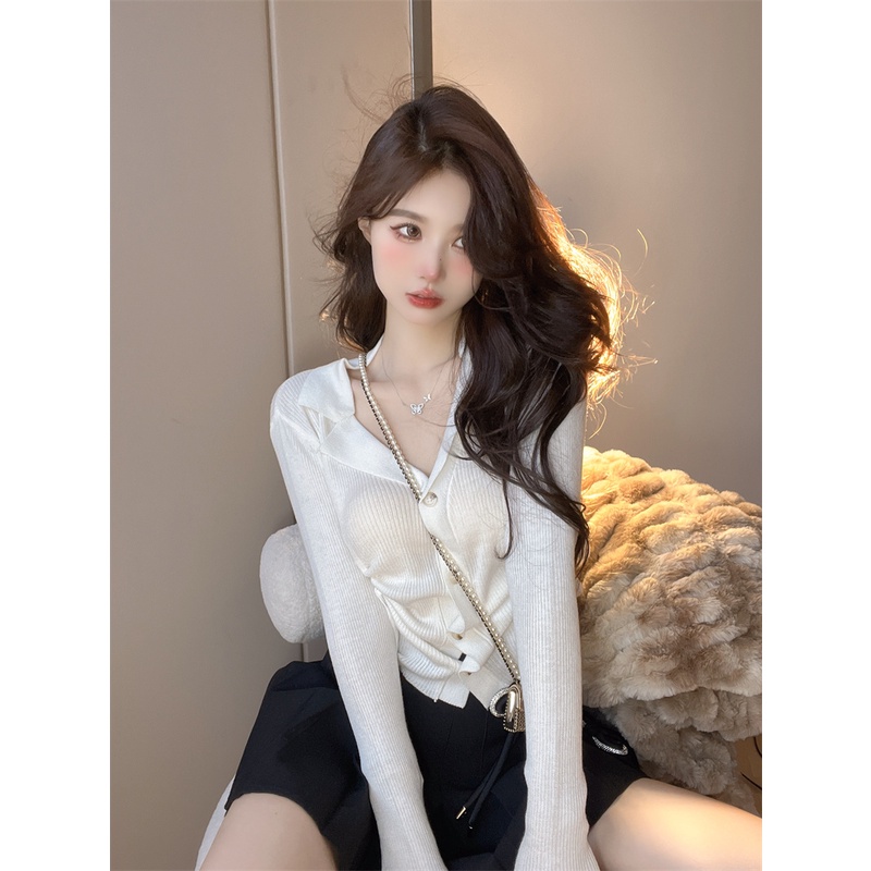 Áo croptop ZHELIHANGFEI dệt kim tay dài cổ polo phối dây rút phong cách trẻ trung thời trang quyến rũ cho nữ