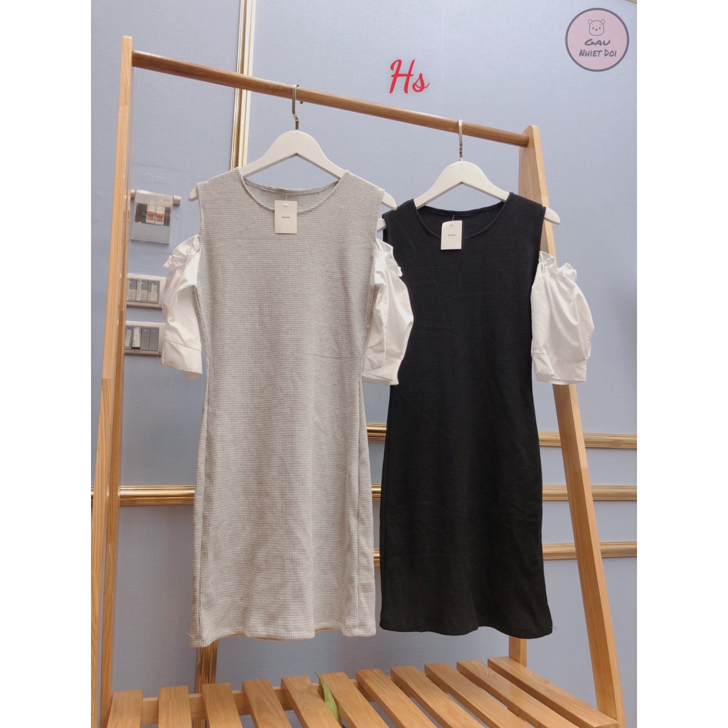 Váy Borip Phối Tay Phồng Hở Vai Kiểu Dáng Tiểu Thư Hai Freesize Màu Đen/Xám