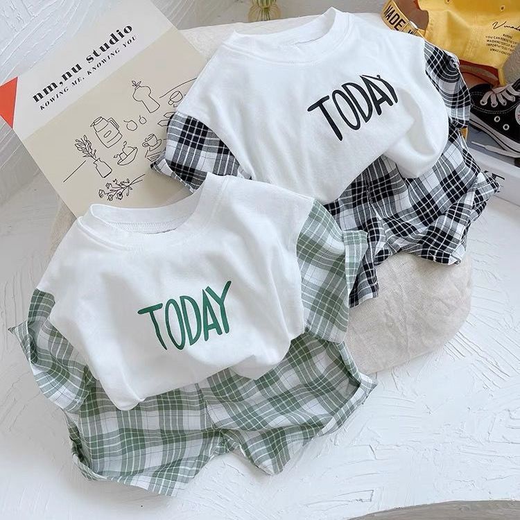 Set Áo Thun Ngắn Tay In Chữ + Quần Short Kẻ Sọc Caro Thời Trang Mùa Hè Hàn Quốc Mới Cho Bé Trai