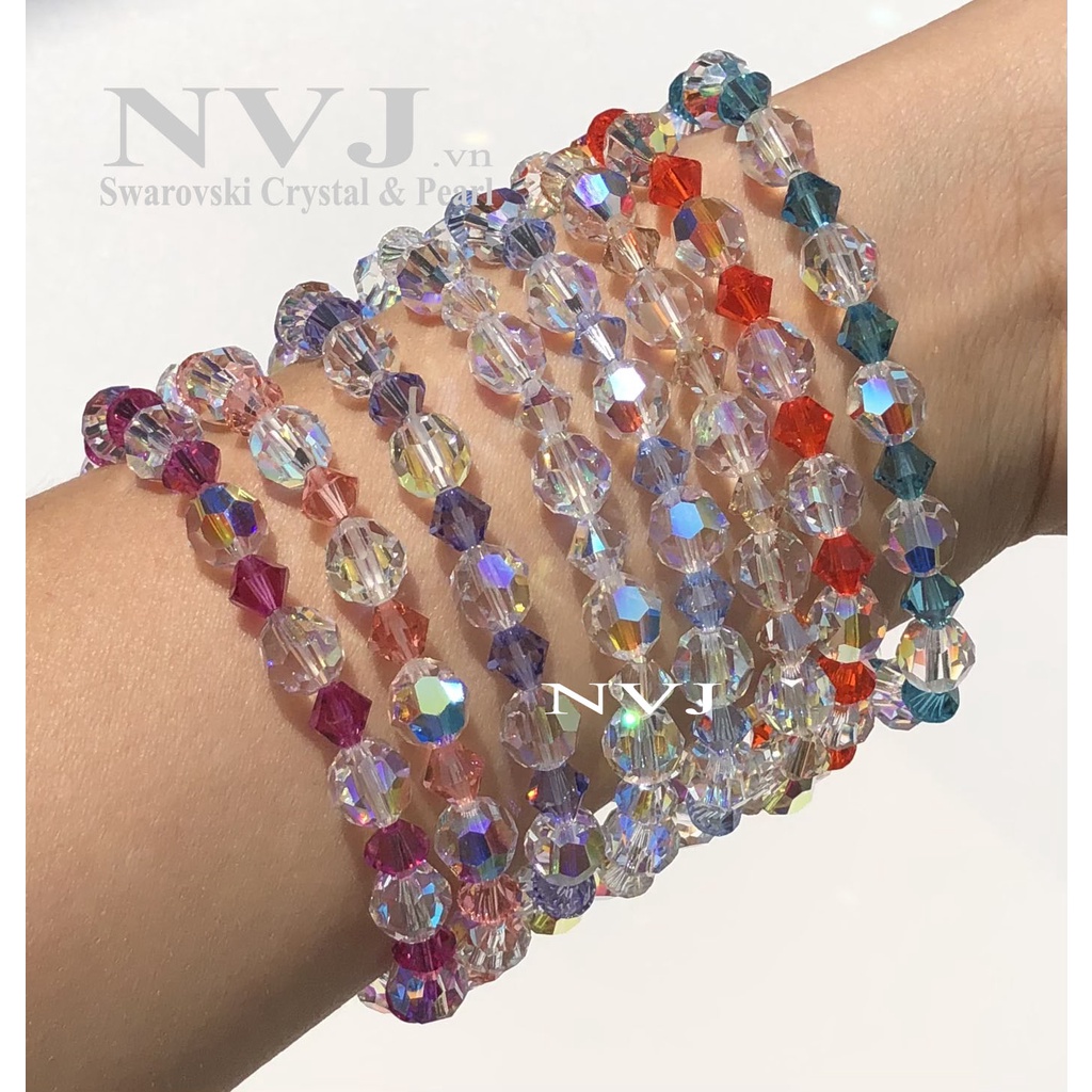 Pha lê Áo Swarovski cao cấp chính hãng - Vòng tay hạt tròn 8ly & nón 6ly nhiều màu tùy chọn, khóa tròn bạc 925