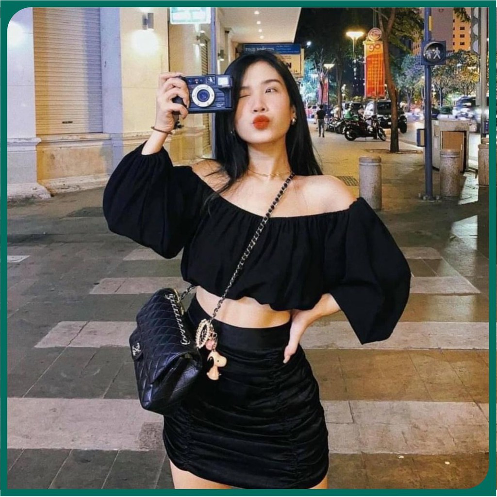 Sét Áo Trễ Vai Kèm Chân Váy Nhún Hai Màu Trắng Đen Cực Đẹp, Mặc Dạo Phố , Quẩy Bar