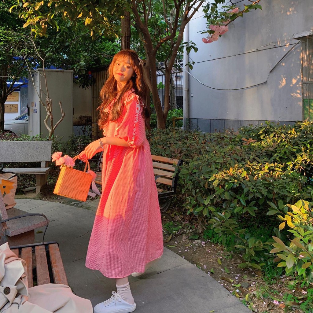 Đầm  caro cổ tiểu thư babydoll Korea