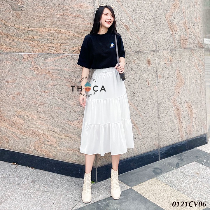 Chân váy chữ A dáng dài kiểu 3 tầng màu trơn trắng, đen THOCA HOUSE thướt tha, dễ phối đồ, phù hợp đi chơi, công sở | BigBuy360 - bigbuy360.vn