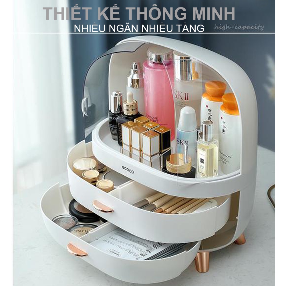 Hộp Đựng Mỹ Phẩm Để Bàn Ecoco Có Nắp Chống Bụi - 2 Ngăn Kéo, Hộp Mỹ Phẩm Mini, Kệ Để Đồ Đa Năng Nhựa ABS Cao Cấp