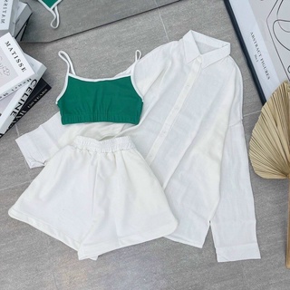 Set bộ nữ 3 món sơ mi tay dài + áo hai dây xanh + quần đùi