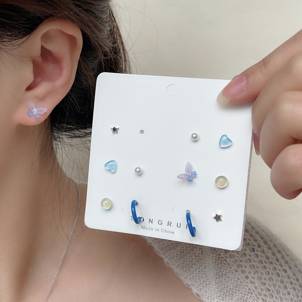 Set 6 đôi khuyên tai DODDER dạng xỏ màu xanh dương và xanh lá cây thời trang dành cho nữ