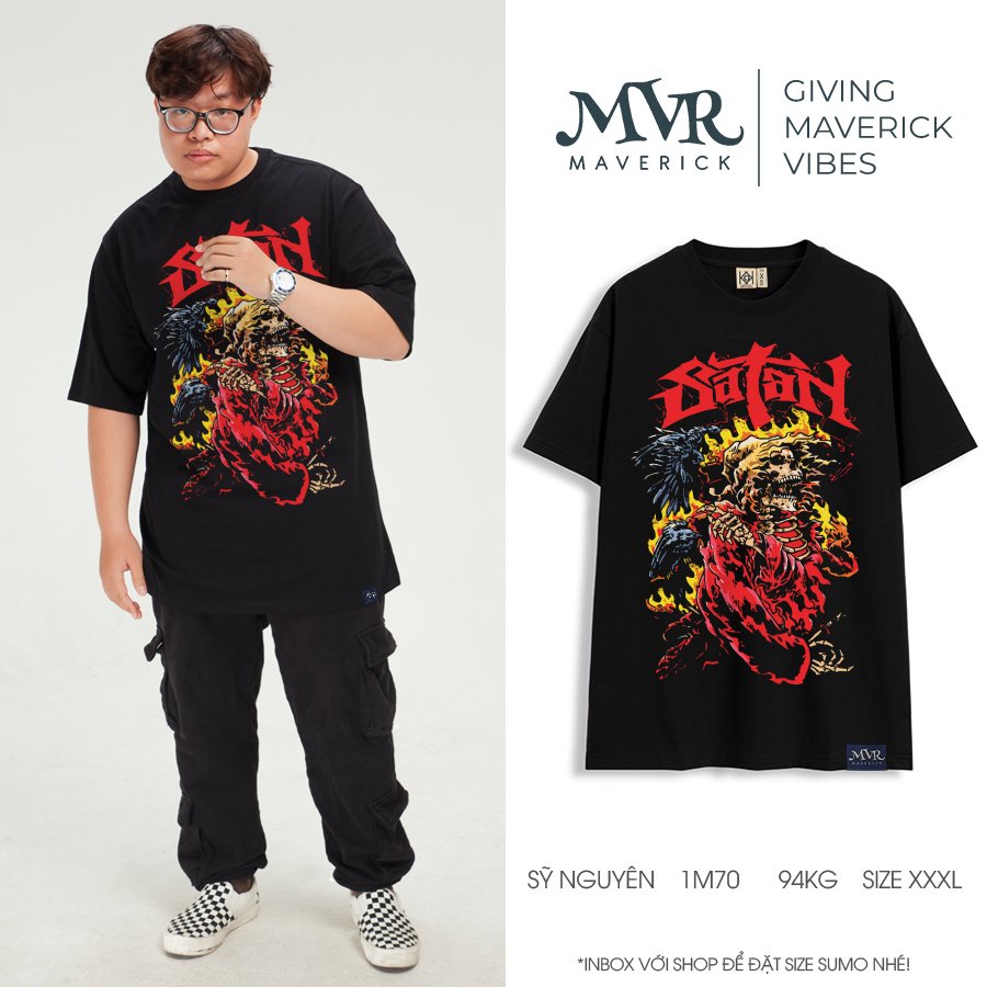 Áo thun trắng form rộng unisex tay lỡ satan cực ngầu MVR size rộng tee Mỹ BB4272