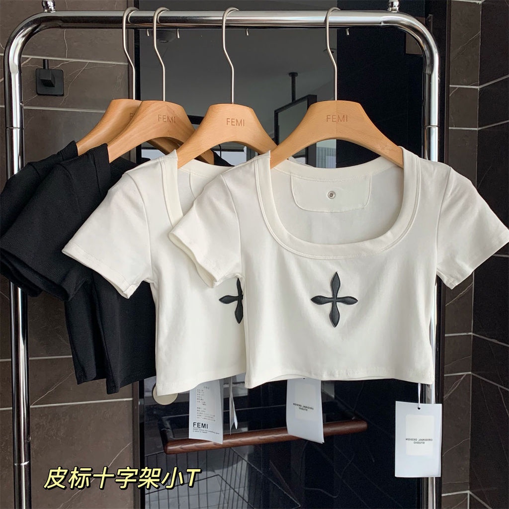 Áo Thun Croptop Ngắn Tay Hai Màu Trắng Đen Thời Trang Cho Nữ