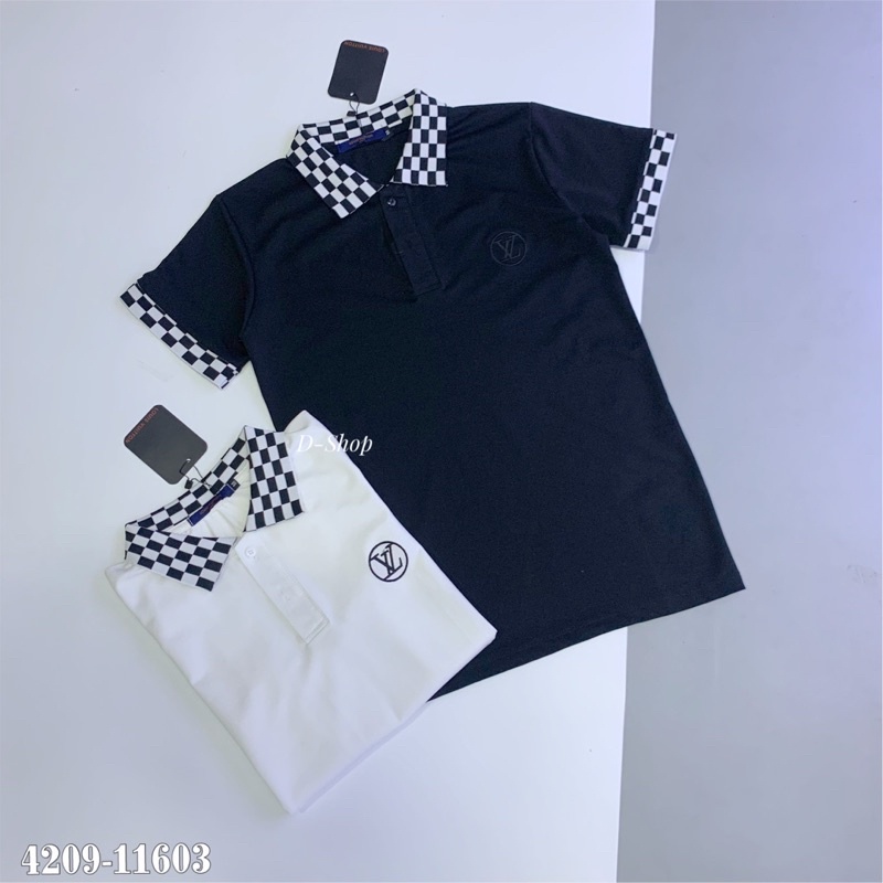 Áo phông nam cổ bẻ pha kẻ ca rô ô đen trắng 4208