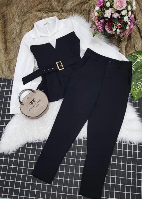 Sét áo phối sơ mi peplum + quần lửng+ dây nịt và ảnh thật