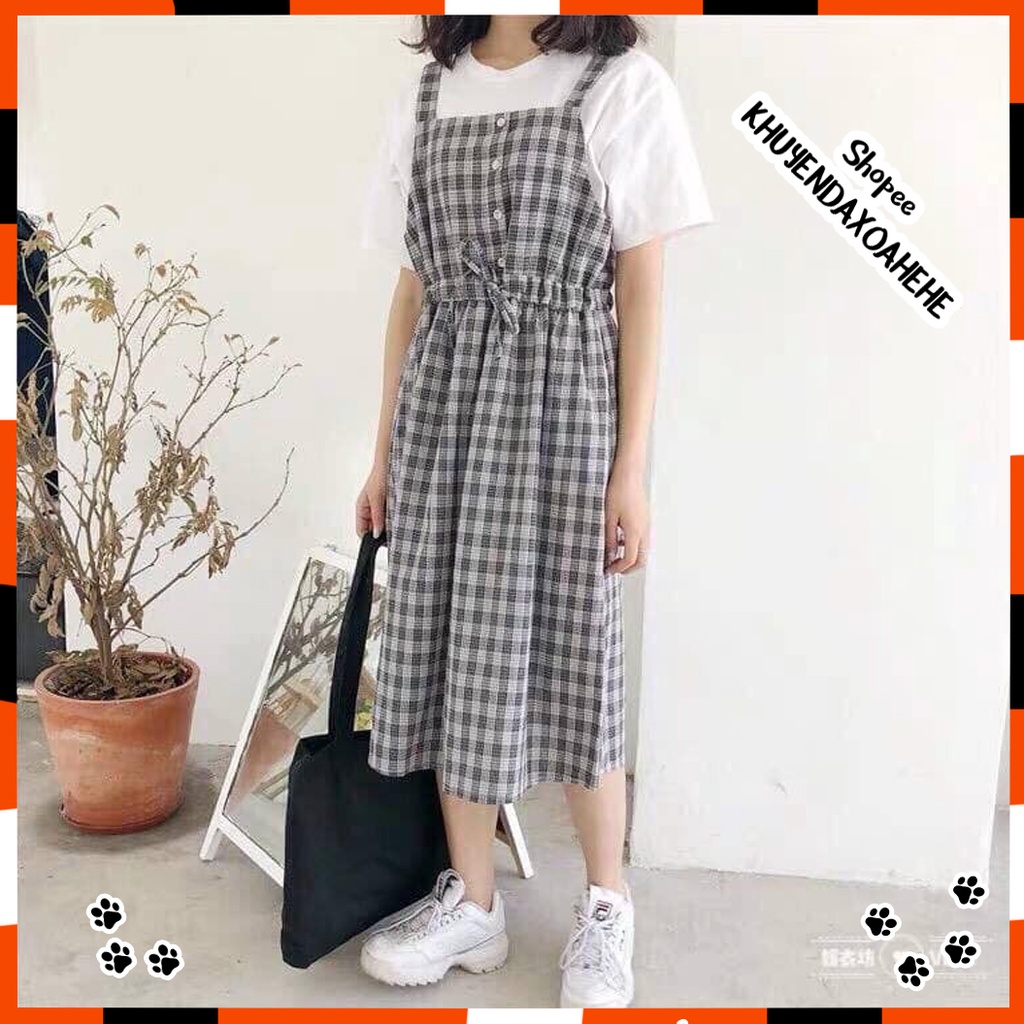 V002 Váy yếm kẻ 2 dây buộc eo ulzzang nhẹ nhàng nữ tính,Váy kẻ caro dáng dài Hàn Quốc cute dễ thương trẻ trung vintage | BigBuy360 - bigbuy360.vn