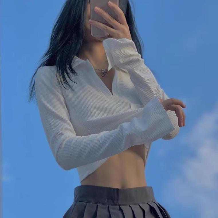 giá rẻ Áo Croptop rt Nữ Cổ V Nữ Dài Tay Cổ Bẻ Freeesize Dưới 59kg Mặc Đẹp | BigBuy360 - bigbuy360.vn