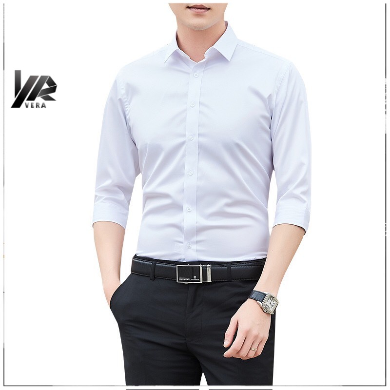 Áo sơ mi nam Trắng - Xám chất Lụa kiểu dáng slim fit lên form cực đẹp | BigBuy360 - bigbuy360.vn
